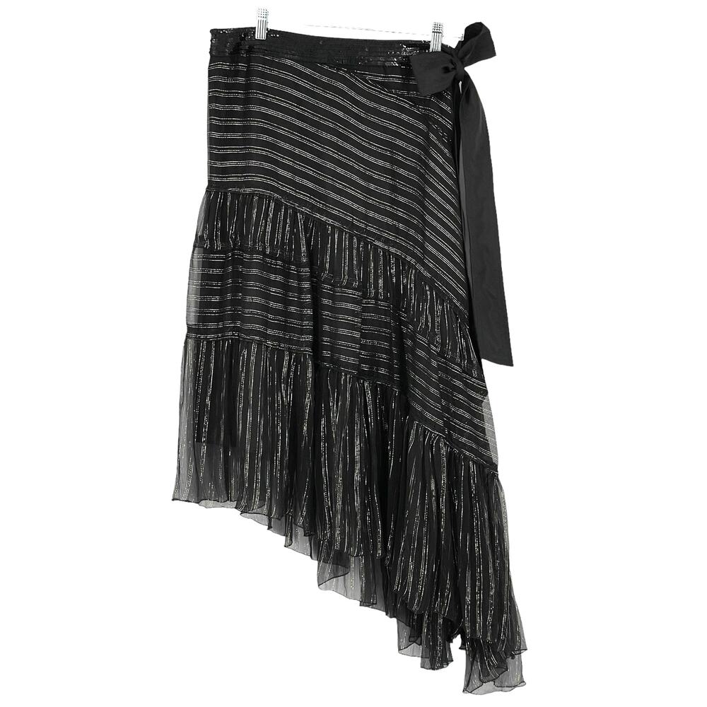 Vintage 100% Silk Black Silver Gold Stripe Tiered Skirt Flowy Y2K Whimsigoth
